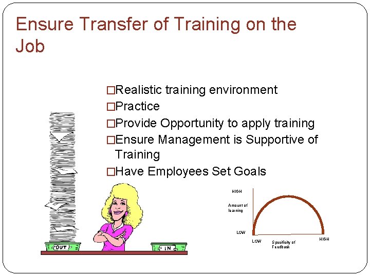 Ensure Transfer of Training on the Job �Realistic training environment �Practice �Provide Opportunity to