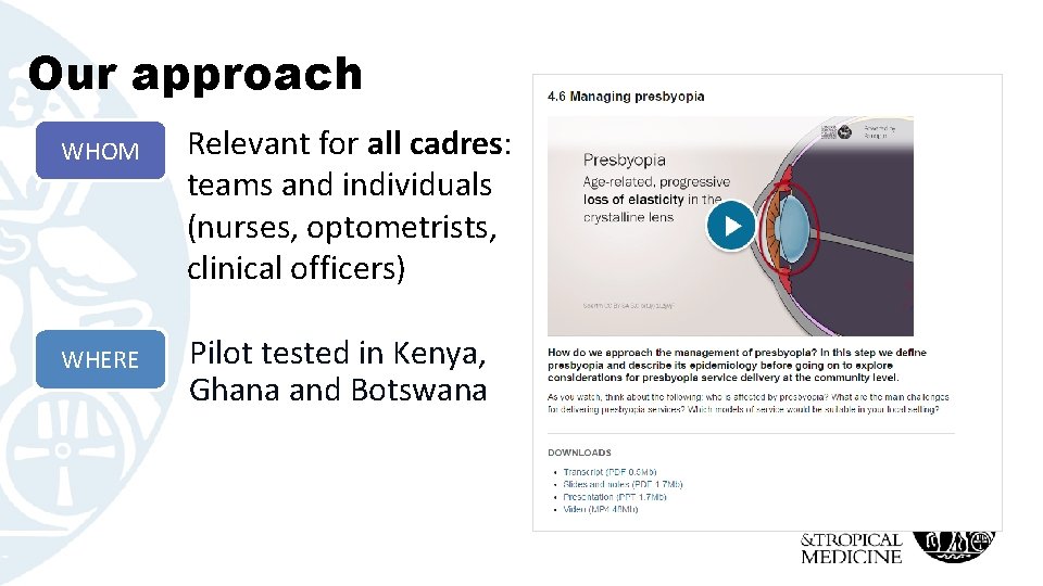 Our approach WHOM WHERE Relevant for all cadres: teams and individuals (nurses, optometrists, clinical