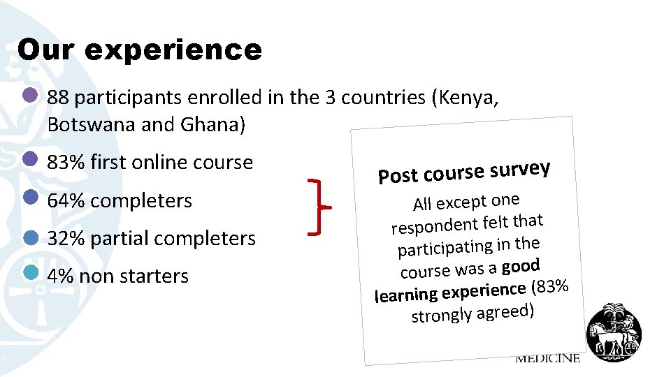 Our experience 88 participants enrolled in the 3 countries (Kenya, Botswana and Ghana) 83%