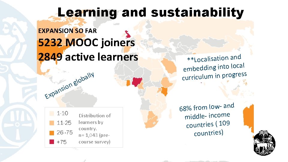 Learning and sustainability EXPANSION SO FAR 5232 MOOC joiners 2849 active learners lo g