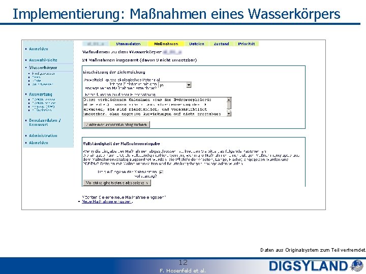 Implementierung: Maßnahmen eines Wasserkörpers Daten aus Originalsystem zum Teil verfremdet. 12 F. Hosenfeld et