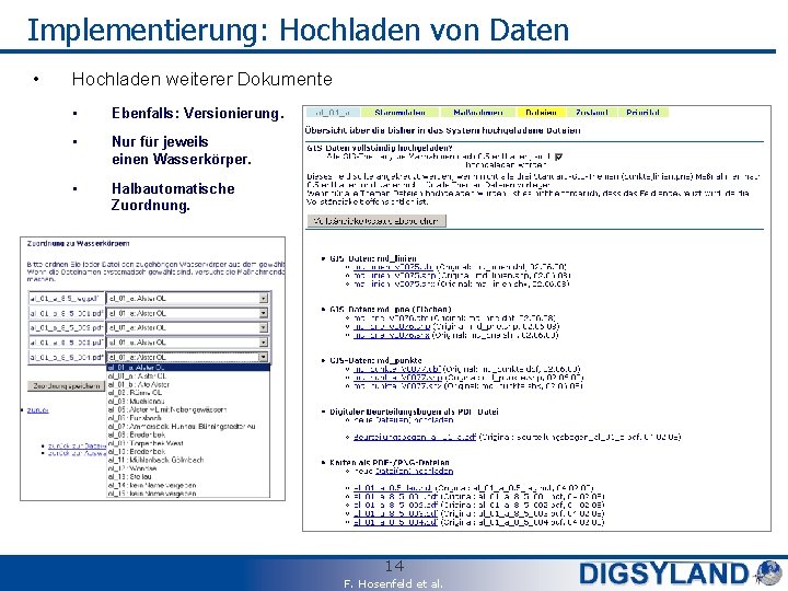 Implementierung: Hochladen von Daten • Hochladen weiterer Dokumente • Ebenfalls: Versionierung. • Nur für