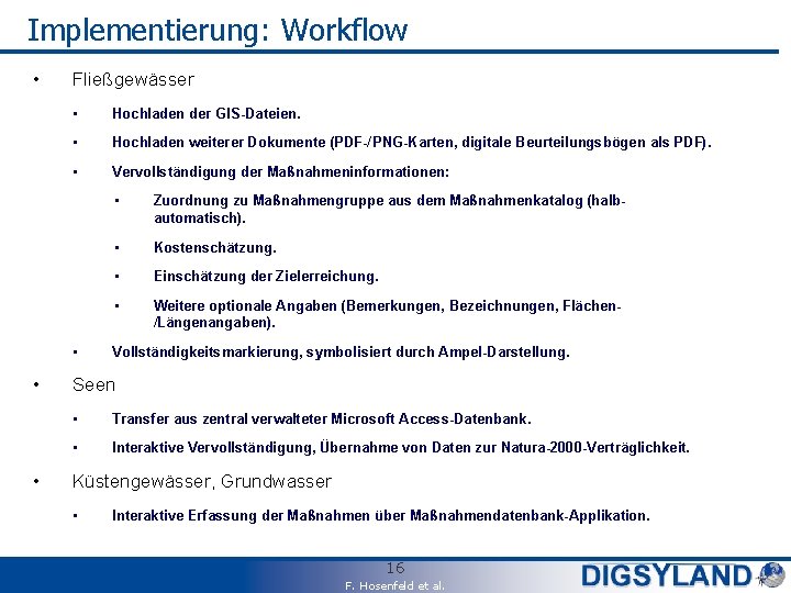 Implementierung: Workflow • Fließgewässer • Hochladen der GIS-Dateien. • Hochladen weiterer Dokumente (PDF-/PNG-Karten, digitale