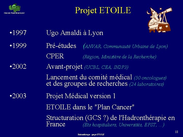 Université Claude Bernard Lyon 1 Projet ETOILE • 1997 Ugo Amaldi à Lyon •