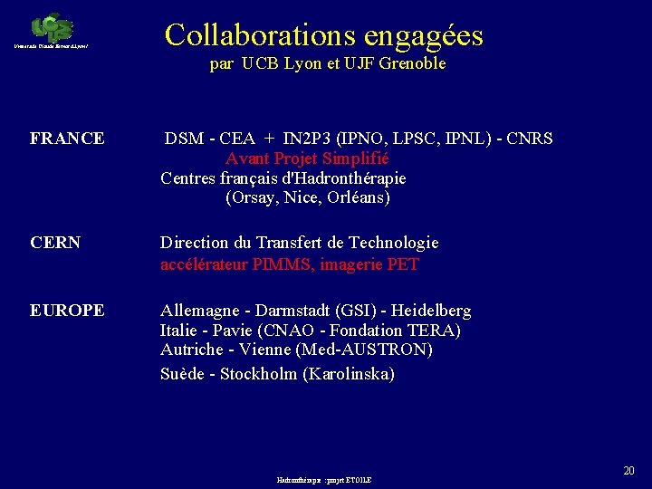 Université Claude Bernard Lyon 1 Collaborations engagées par UCB Lyon et UJF Grenoble FRANCE