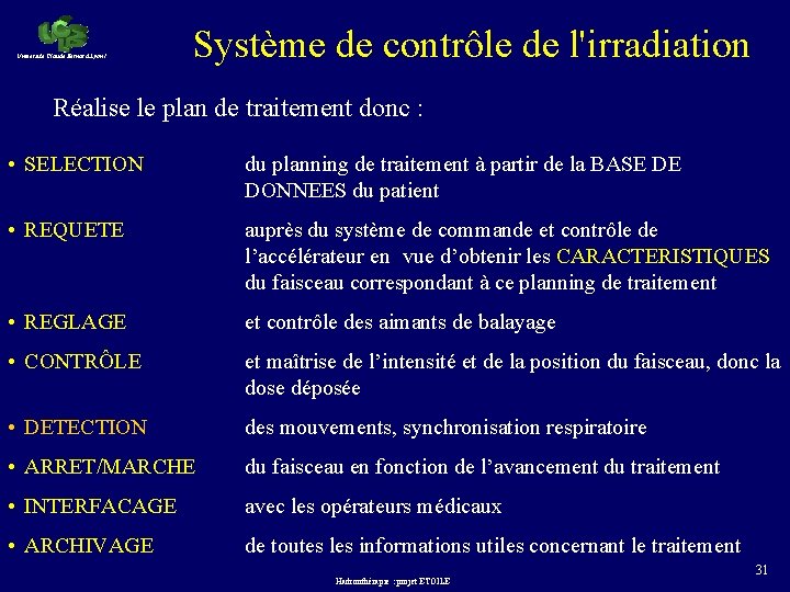 Université Claude Bernard Lyon 1 Système de contrôle de l'irradiation Réalise le plan de