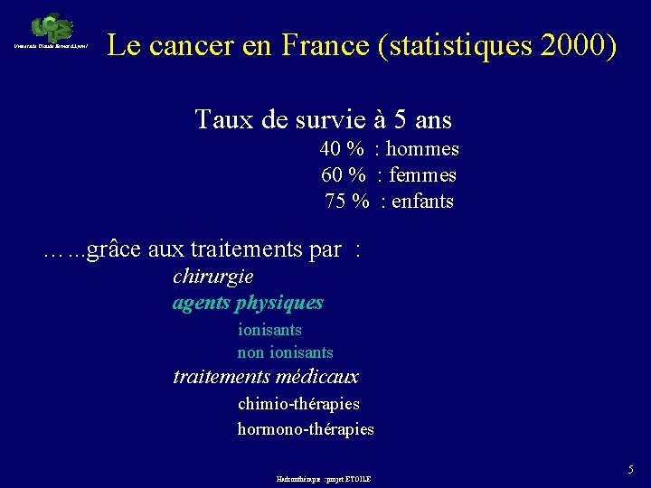 Université Claude Bernard Lyon 1 Le cancer en France (statistiques 2000) Taux de survie