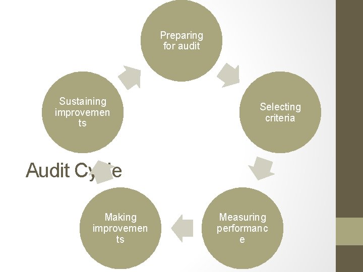 Preparing for audit Sustaining improvemen ts Selecting criteria Audit Cycle Making improvemen ts Measuring