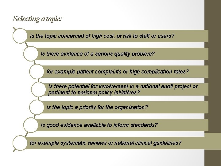 Selecting a topic: Is the topic concerned of high cost, or risk to staff