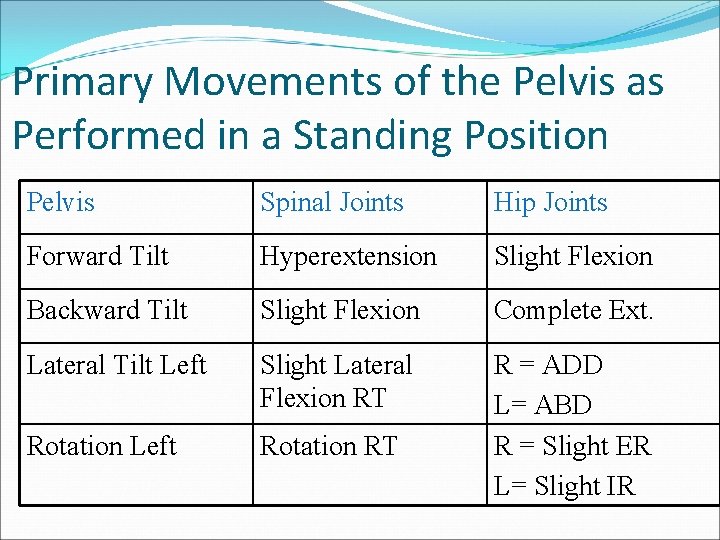 Primary Movements of the Pelvis as Performed in a Standing Position Pelvis Spinal Joints