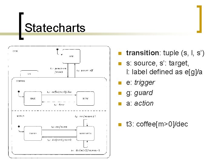 Statecharts n transition: tuple (s, l, s’) s: source, s’: target, l: label defined