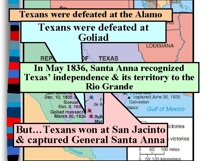 Texans were defeated at the Alamo Texans were defeated at Goliad In May 1836,