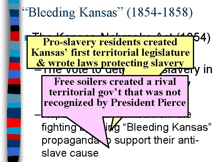 “Bleeding Kansas” (1854 -1858) n The Kansas-Nebraska Act (1854) Pro-slavery residents created Kansas’ firstpopular