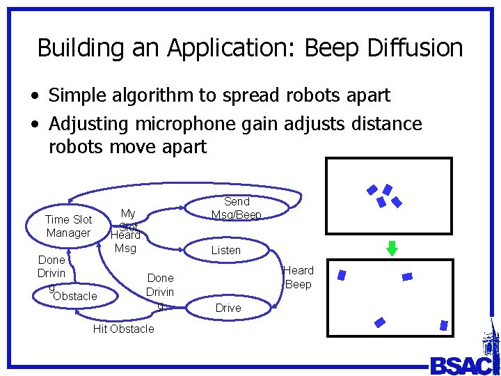 Building an Application: Beep Diffusion • Simple algorithm to spread robots apart • Adjusting