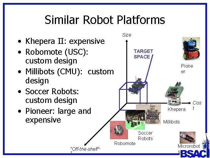 Similar Robot Platforms • Khepera II: expensive • Robomote (USC): custom design • Millibots