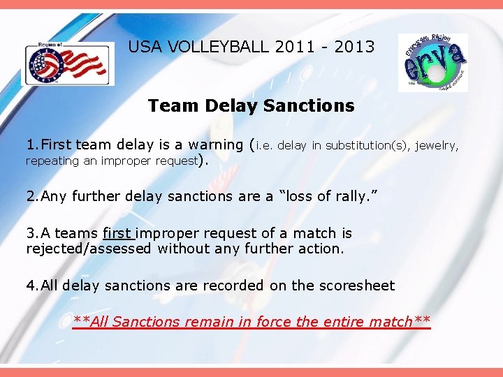 USA VOLLEYBALL 2011 - 2013 Team Delay Sanctions 1. First team delay is a
