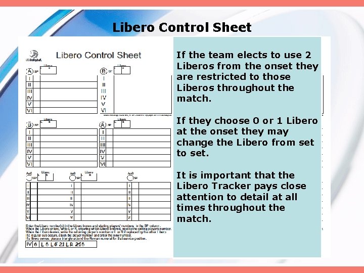 Libero Control Sheet If the team elects to use 2 Liberos from the onset