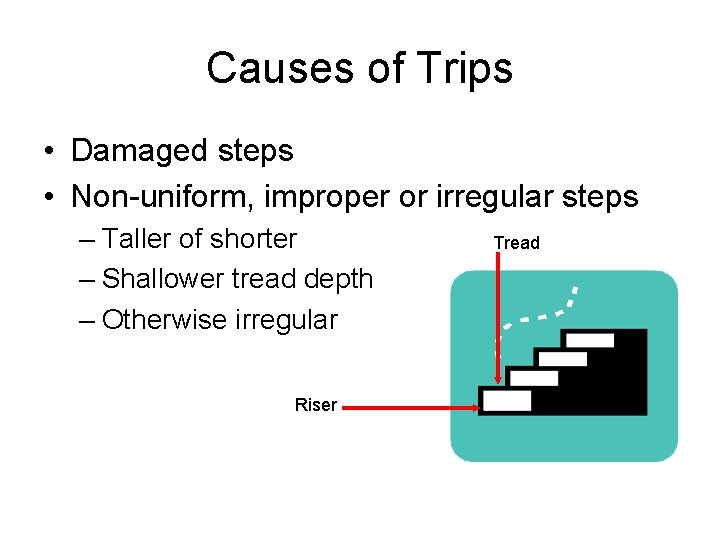 Causes of Trips • Damaged steps • Non-uniform, improper or irregular steps – Taller