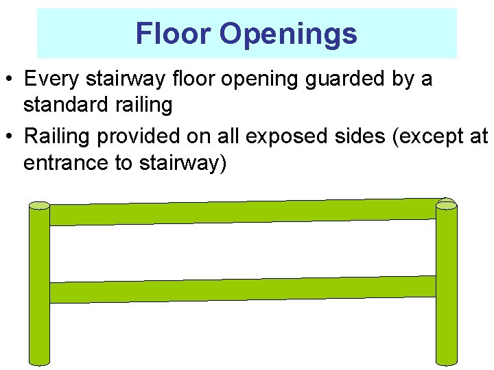 Floor Openings • Every stairway floor opening guarded by a standard railing • Railing