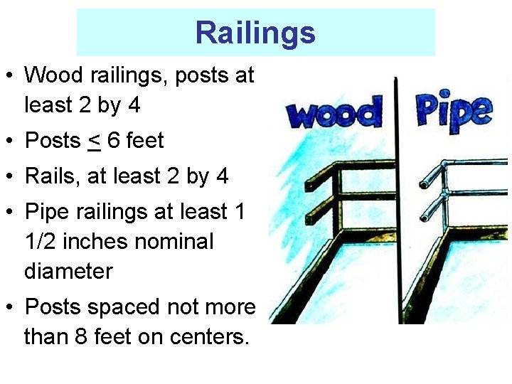 Railings • Wood railings, posts at least 2 by 4 • Posts < 6