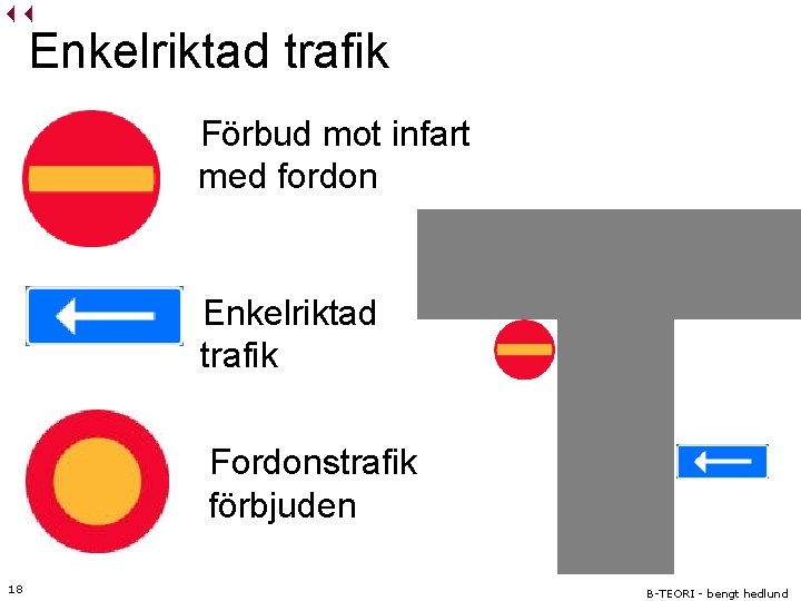 Enkelriktad trafik Förbud mot infart med fordon Enkelriktad trafik Fordonstrafik förbjuden 18 B-TEORI -