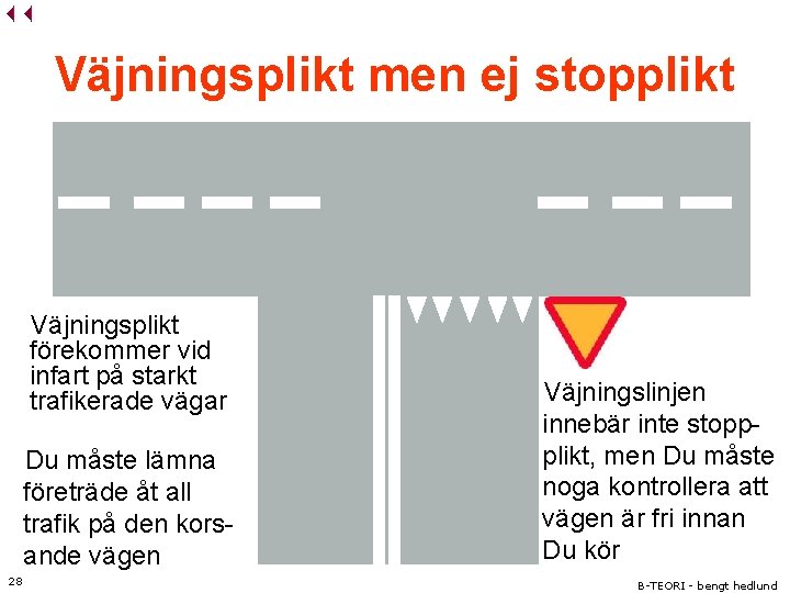 Väjningsplikt men ej stopplikt Väjningsplikt förekommer vid infart på starkt trafikerade vägar Du måste