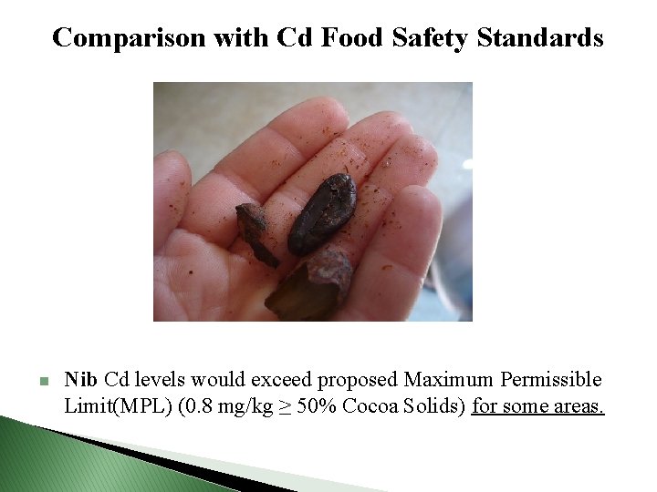 Comparison with Cd Food Safety Standards n Nib Cd levels would exceed proposed Maximum