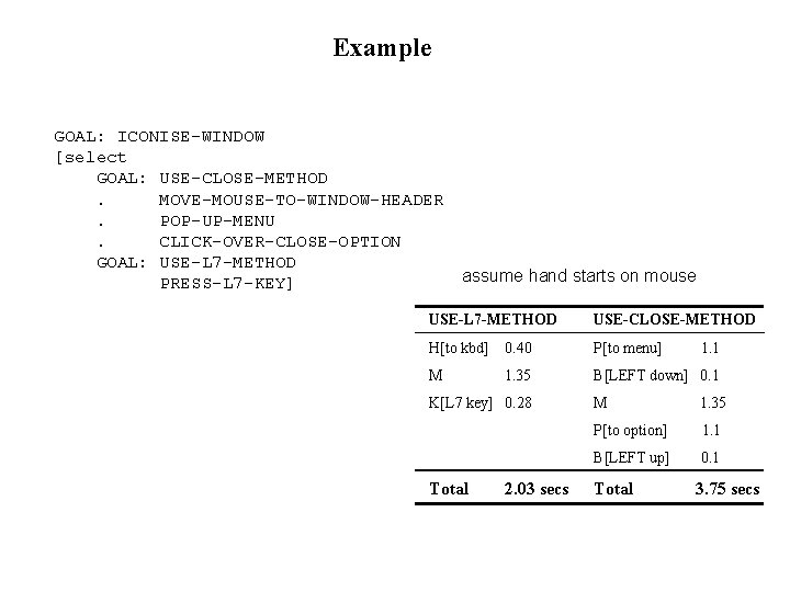 Example GOAL: ICONISE-WINDOW [select GOAL: USE-CLOSE-METHOD. MOVE-MOUSE-TO-WINDOW-HEADER. POP-UP-MENU. CLICK-OVER-CLOSE-OPTION GOAL: USE-L 7 -METHOD PRESS-L