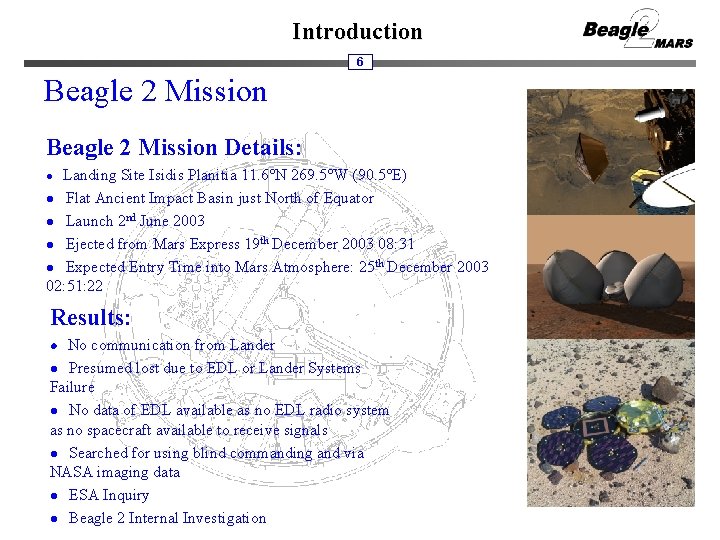Introduction 6 Beagle 2 Mission Details: Landing Site Isidis Planitia 11. 6°N 269. 5°W