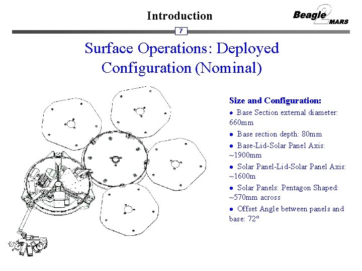 Introduction 7 Surface Operations: Deployed Configuration (Nominal) Size and Configuration: Base Section external diameter: