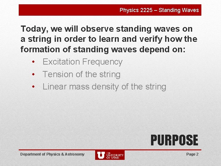 Physics 2225 – Standing Waves Today, we will observe standing waves on a string