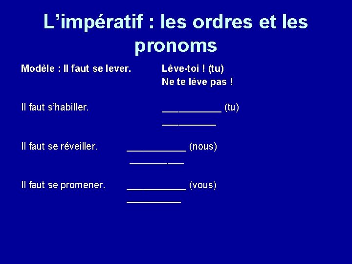 L’impératif : les ordres et les pronoms Modèle : Il faut se lever. Lève-toi L’impératif : les ordres et les pronoms Modèle : Il faut se lever. Lève-toi