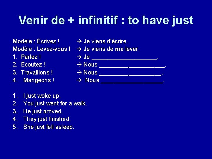Venir de + infinitif : to have just Modèle : Écrivez ! Modèle : Venir de + infinitif : to have just Modèle : Écrivez ! Modèle :