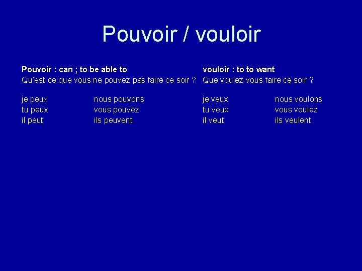 Pouvoir / vouloir Pouvoir : can ; to be able to vouloir : to Pouvoir / vouloir Pouvoir : can ; to be able to vouloir : to