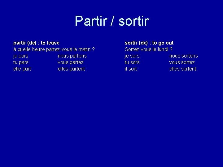 Partir / sortir partir (de) : to leave à quelle heure partez-vous le matin