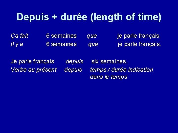 Depuis + durée (length of time) Ça fait 6 semaines que je parle français. Depuis + durée (length of time) Ça fait 6 semaines que je parle français.