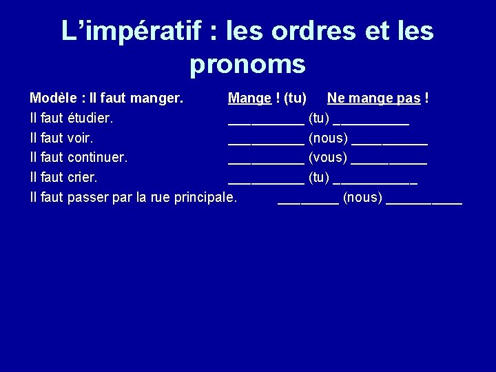 L’impératif : les ordres et les pronoms Modèle : Il faut manger. Mange ! L’impératif : les ordres et les pronoms Modèle : Il faut manger. Mange !