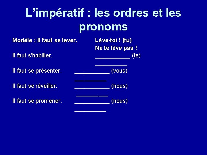 L’impératif : les ordres et les pronoms Modèle : Il faut se lever. Il