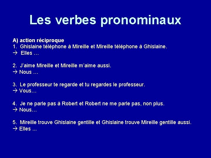 Les verbes pronominaux A) action réciproque 1. Ghislaine téléphone à Mireille et Mireille téléphone