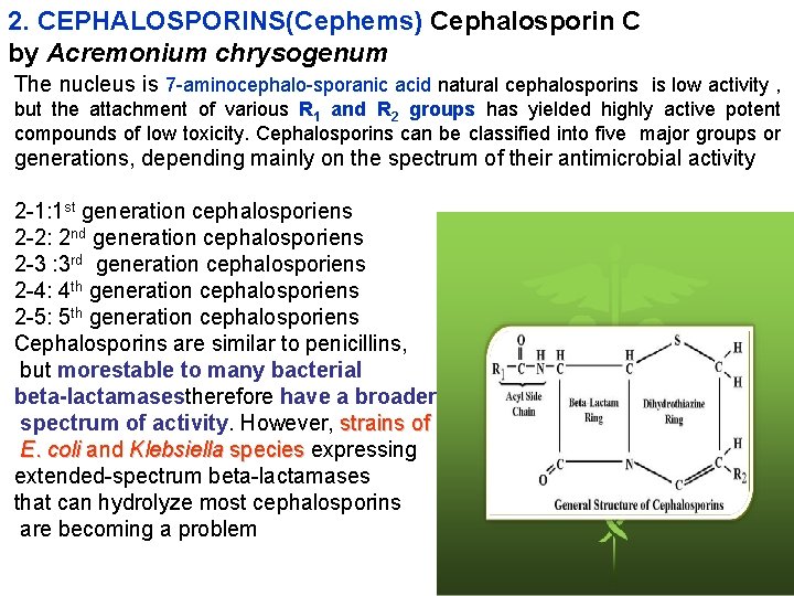 2. CEPHALOSPORINS(Cephems) Cephalosporin C by Acremonium chrysogenum The nucleus is 7 -aminocephalo-sporanic acid natural