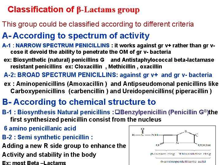 Classification of β-Lactams group This group could be classified according to different criteria A-