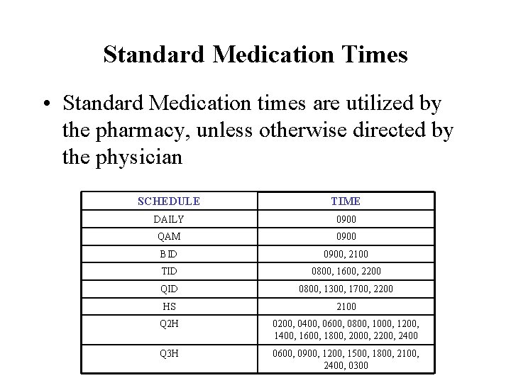 Standard Medication Times • Standard Medication times are utilized by the pharmacy, unless otherwise