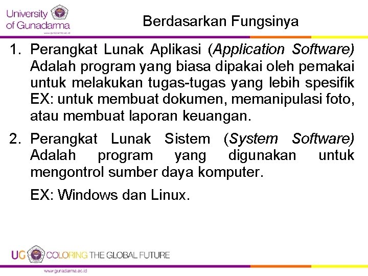 Berdasarkan Fungsinya 1. Perangkat Lunak Aplikasi (Application Software) Adalah program yang biasa dipakai oleh