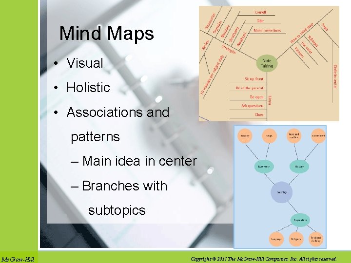 Mind Maps • Visual • Holistic • Associations and patterns – Main idea in
