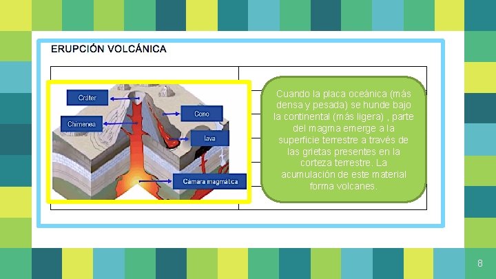 Cuando la placa oceánica (más densa y pesada) se hunde bajo la continental (más