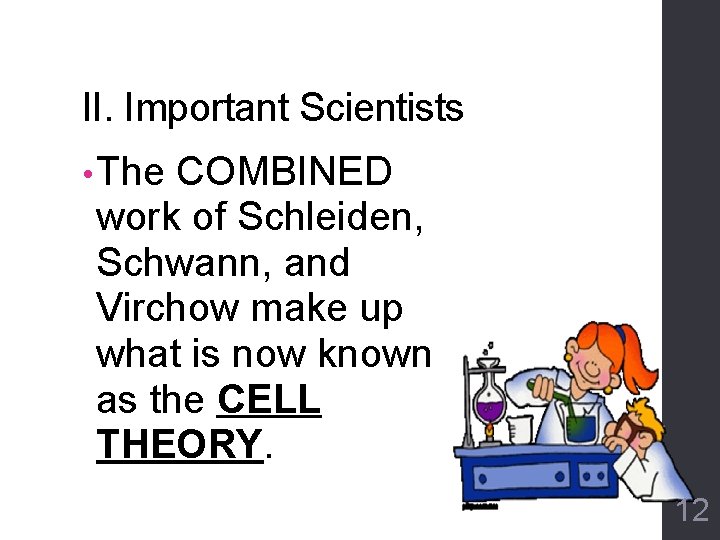 II. Important Scientists • The COMBINED work of Schleiden, Schwann, and Virchow make up