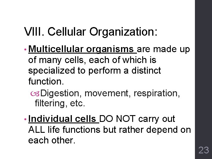 VIII. Cellular Organization: • Multicellular organisms are made up of many cells, each of