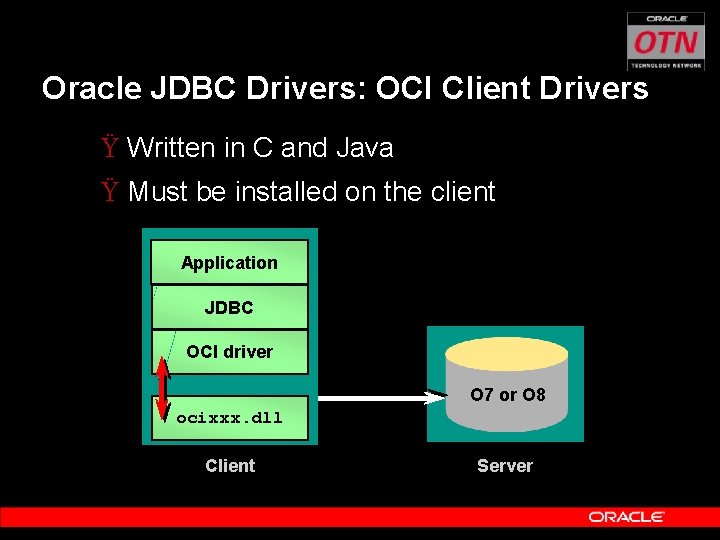 Oracle JDBC Drivers: OCI Client Drivers Ÿ Written in C and Java Ÿ Must