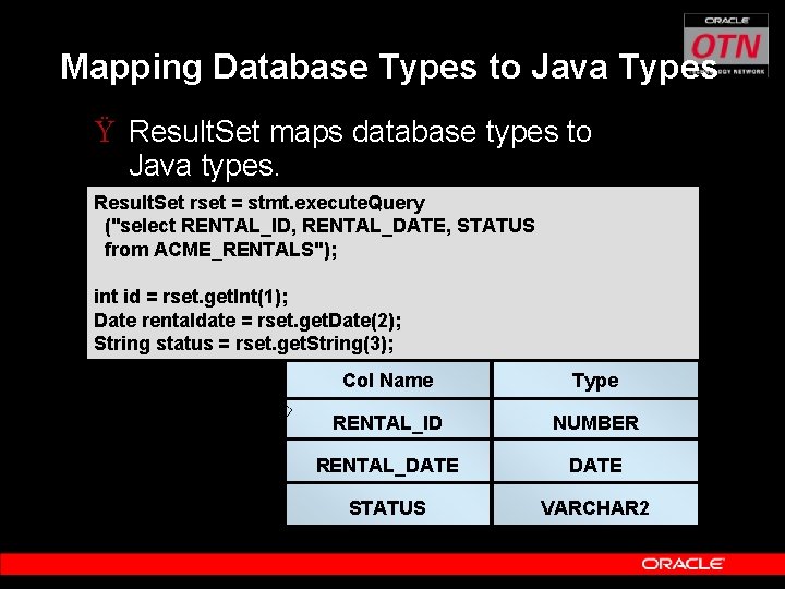 Mapping Database Types to Java Types Ÿ Result. Set maps database types to Java