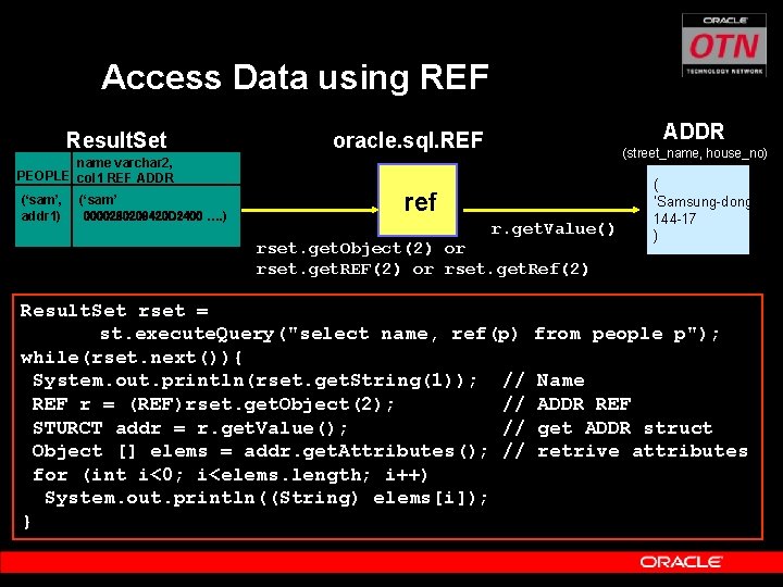 Access Data using REF Result. Set ADDR oracle. sql. REF (street_name, house_no) name varchar